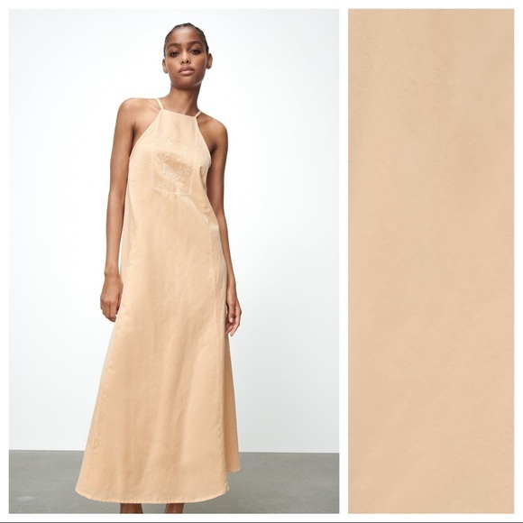 NWT. Zara Beige-Pink/Peach Linen Blend Embroidered Midi Dress. Size M. - Picture 3 of 12